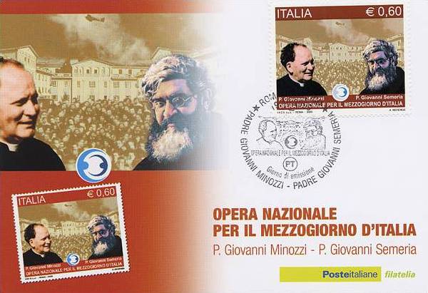 Cartolina con annullo filatelico. Padre Giovanni Minozzi - Padre Giovanni Semeria. Obliterata 19.10.2009
